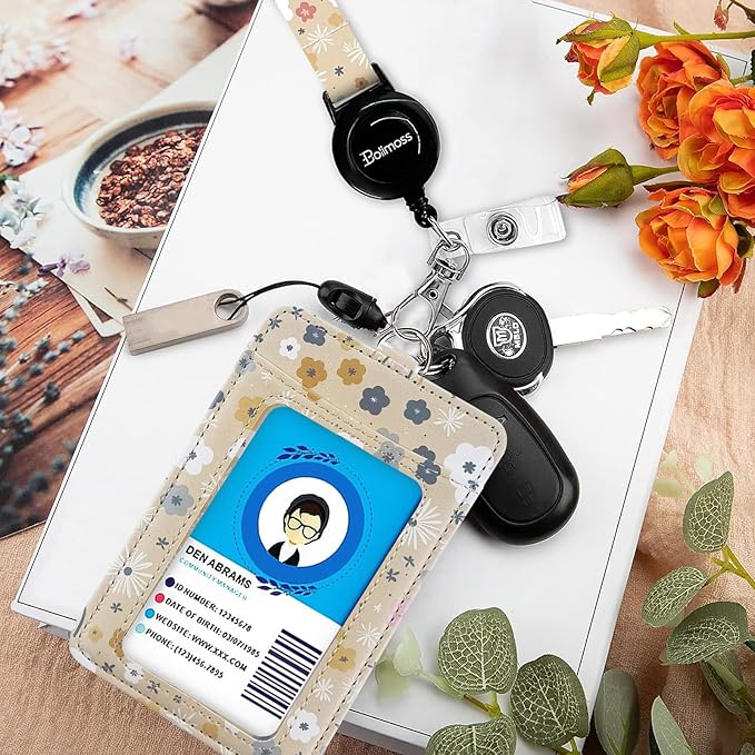 bolimoss Flowers Rainbows Badge Holder with Adjustable Retractable Lanyard, Cute Leather ID Name Badge Card Holder with Quick Release Buckle and Safety Breakaway Lanyards for ID Badges