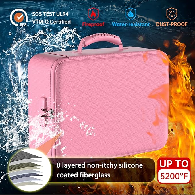 DocSafe 5200°F Document Organizer with Lock,Upgraded Heat Insulated Fireproof＆Waterproof Box 8 Layers File Organizer,Portable Home Travel Safe Storage for Important Documents, Files,Pink (Soft)
