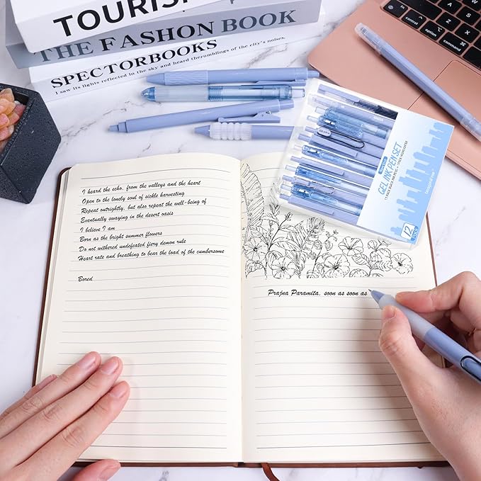Tetragonal tree- 12Pcs Gel Pens Set, 11Pcs Black Ink Pens and 1Pcs Highlighter, Retractable 0.5mm Fine Point Cute Note Taking Pens for Office School (Navy bluen)