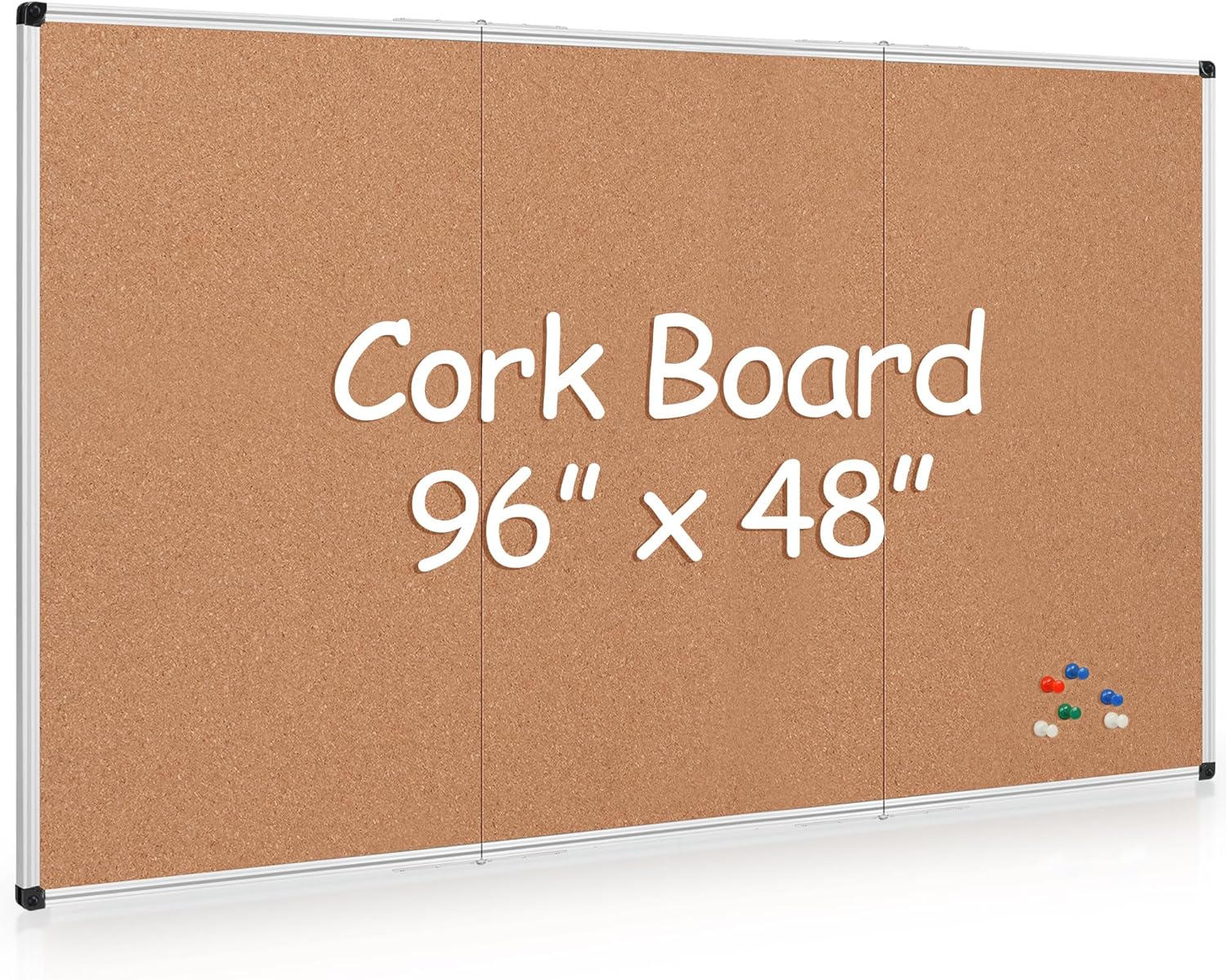 Board2by Extra Large Cork Bulletin Board 96" X 48", Foldable Notice Pin Board for Wall, Silver Aluminum Framed 8'x4' Corkboard, Wall Mounted Noticeboard with 36 Push Pins for School, Home & Office