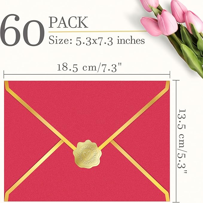 60 Pack Gold Envelopes 5x7 Rose Red, 250G Pearled Cardstock A7 Envelopes for Invitations Business Mailing Envelope with Gold Foil Border, A6 4x6 Envelopes for Wedding Baby Shower Cards