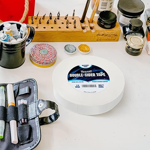 Ultra-Thin Permanent Double-Sided Tape - Double Sided Adhesive Sticky Tape for Arts, Crafts, Photography, Scrapbooking, Tear-by-Hand - Acid Free 1 Inch Wide 180FT Long