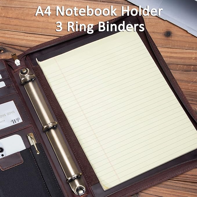 Personalized Genuine Leather Portfolio with 3 Ring Binder, Full Grain Leather Padfolio Zippered, A4 Notebook Holder Customized Professional Folder Organizer Gift for Men and Women, Dark Brown