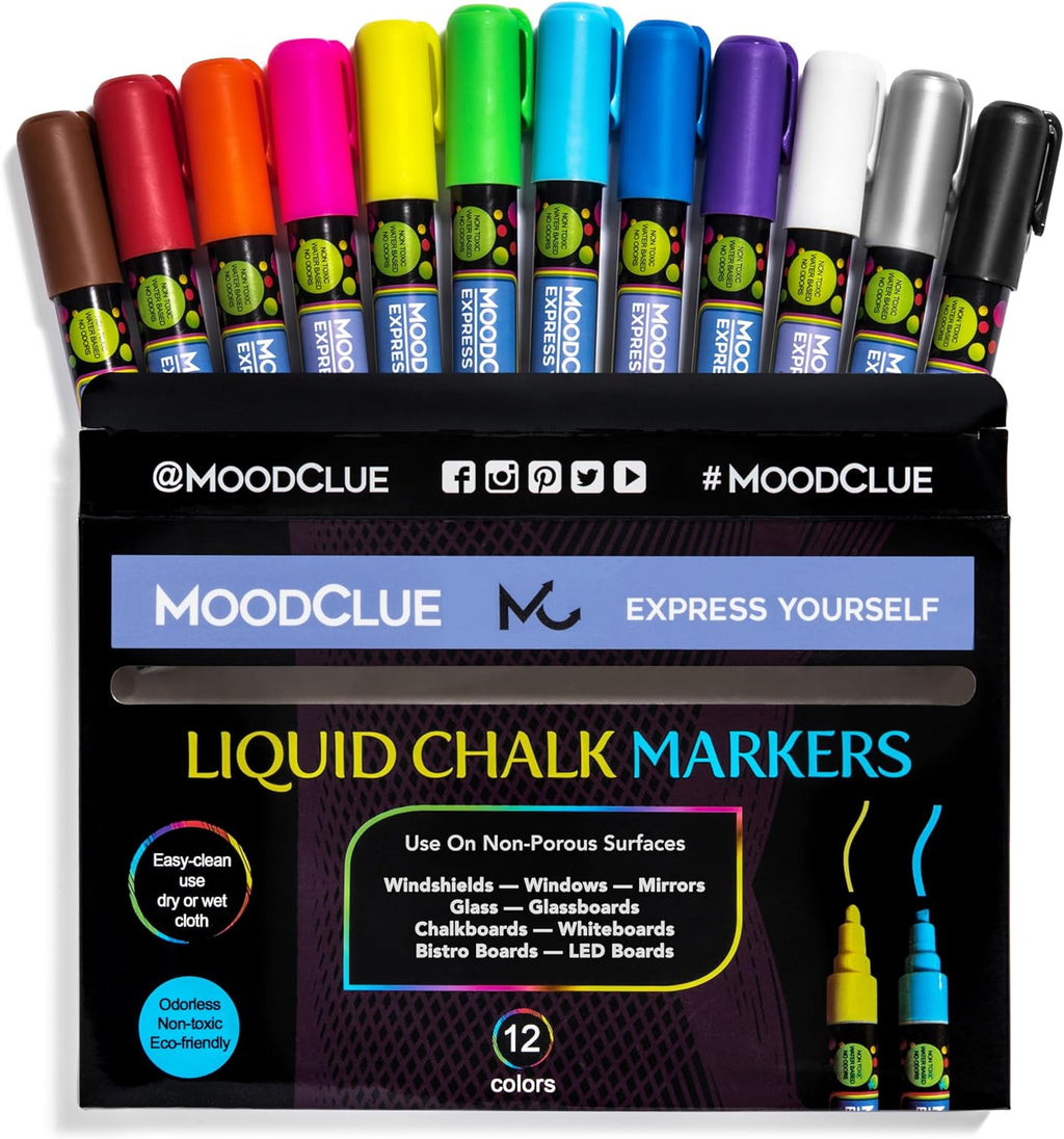 Liquid Chalk Markers Neon 12 Pack. Bold Wet & Dry Erase Marker Pens. Erasable and Washable Chalkboard Markers for Windows, Mirrors, Glass, Whiteboards. Reversible Thick and Fine Tip.