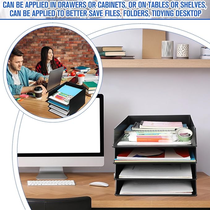 Wenqik 4 Pcs Stackable Paper Trays Rectangular Plastic Desk Tray Holder Desktop Document File Paper Organizer Plastic Storage Letter Tray for Office Classroom, Black