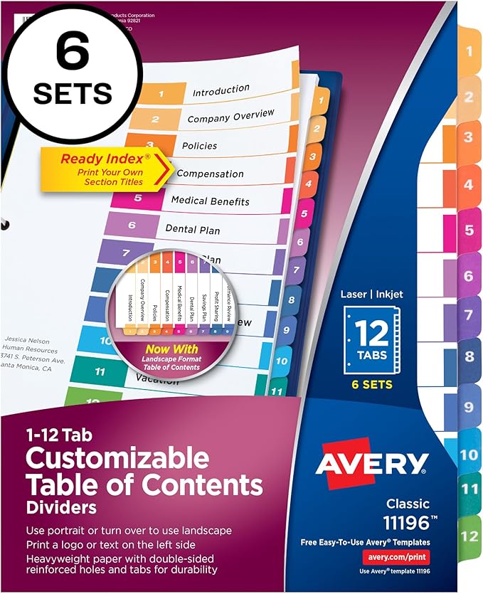 Avery 12 Tab Dividers for 3 Ring Binders, Customizable Table of Contents, Multicolor Tabs, 6 Sets (11196)