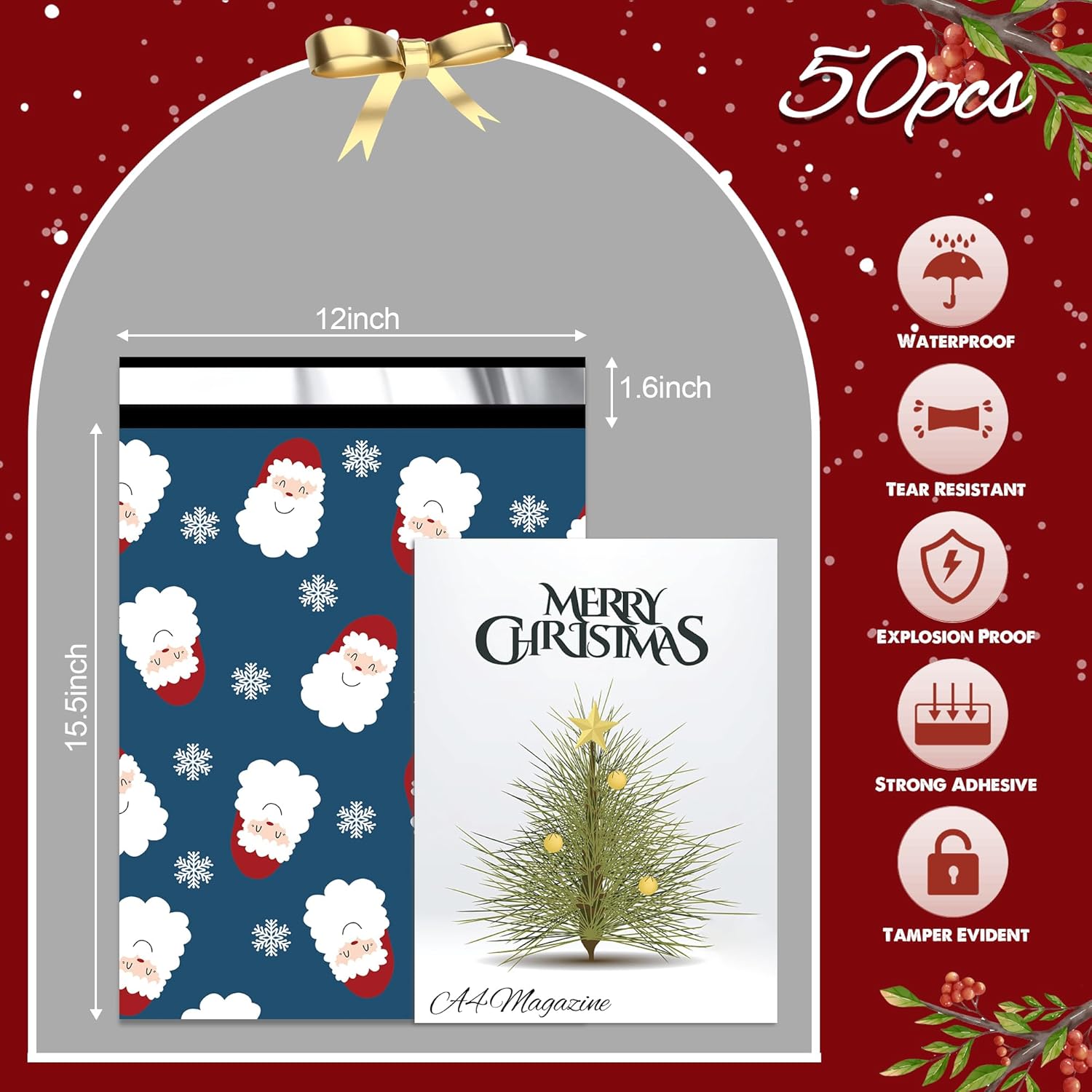 Christmas Poly Mailer - 12x15.5 Inch, 50 Pcs Waterproof Shipping Bags for Clothing, Tear-Resistant, Strong Mailing Bags with Self-Seal - Santa Claus and Snowflakes Printed