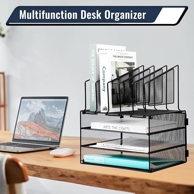 EASEPRES Desk Organizer Tray, 3 Tier Paper organizer with 5 Upright Section Desktop File Folder Sorter Holder for Mail Paper Document Letter Organization Storage