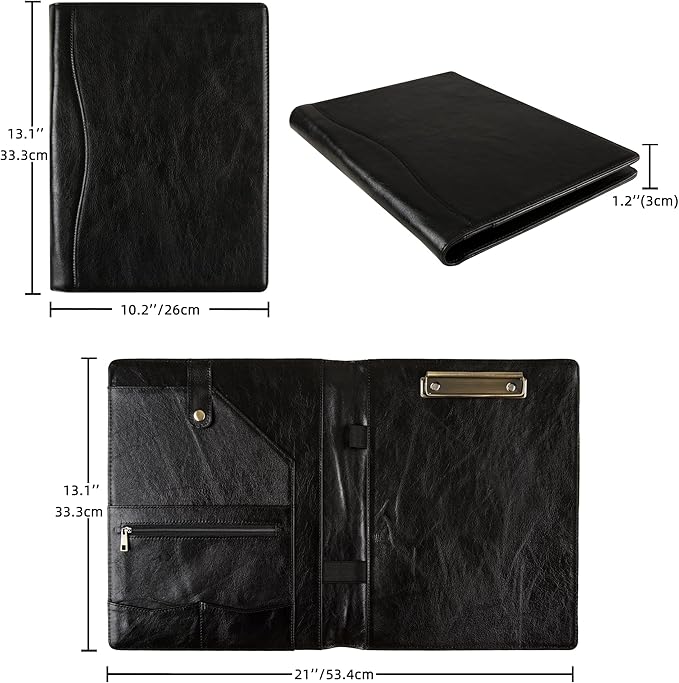 Personalized Leather Portfolio for Men, Engraved Leather Clipboard Portfolio Binder, Custom Leather Resume Padfolio for Women, Christmas Gift for His/Her (Clipboard, Shiny Black-Custom)