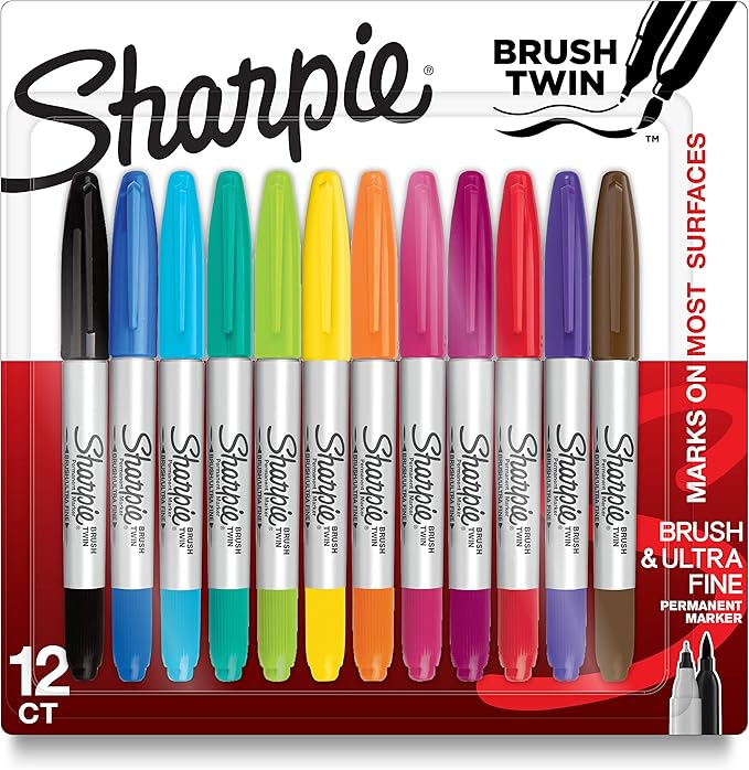 Sharpie Brush Twin Permanent Markers, Brush Tip Marker and Ultra Fine Tip Marker, Assorted, 12 Count
