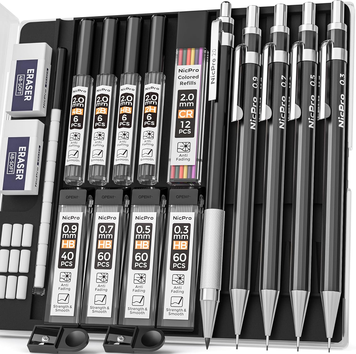 Nicpro Black Art Mechanical Pencil Set in Case, Metal Drafting Pencils 0.3, 0.5, 0.7, 0.9 & 2mm Graphite Holders (2H HB 2B 4B Colored Lead) for Sketching Drawing with 9 Lead Refills, 2 Erasers