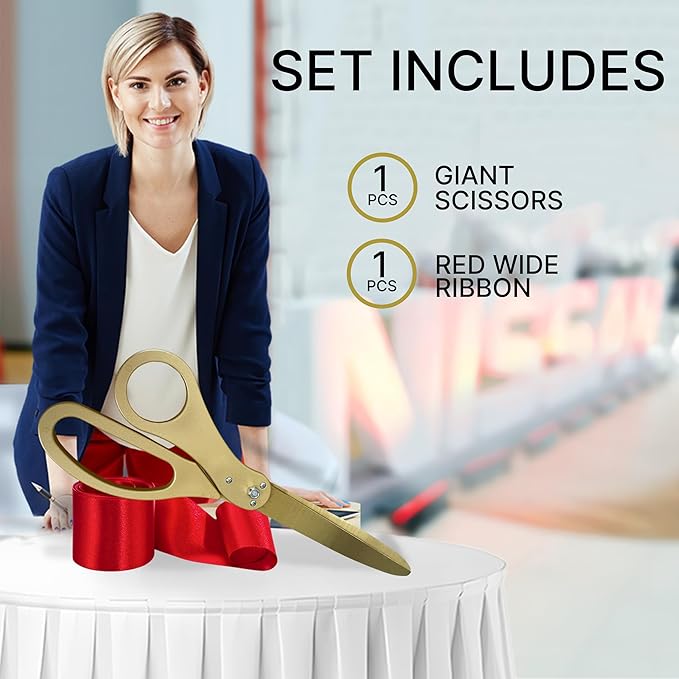 New Edition Grand Opening Kit – 25'' Scissors Gold with Golden Blades for Ribbon Cutting Ceremony with Red Ribbon Heavy Duty Golden Scissors