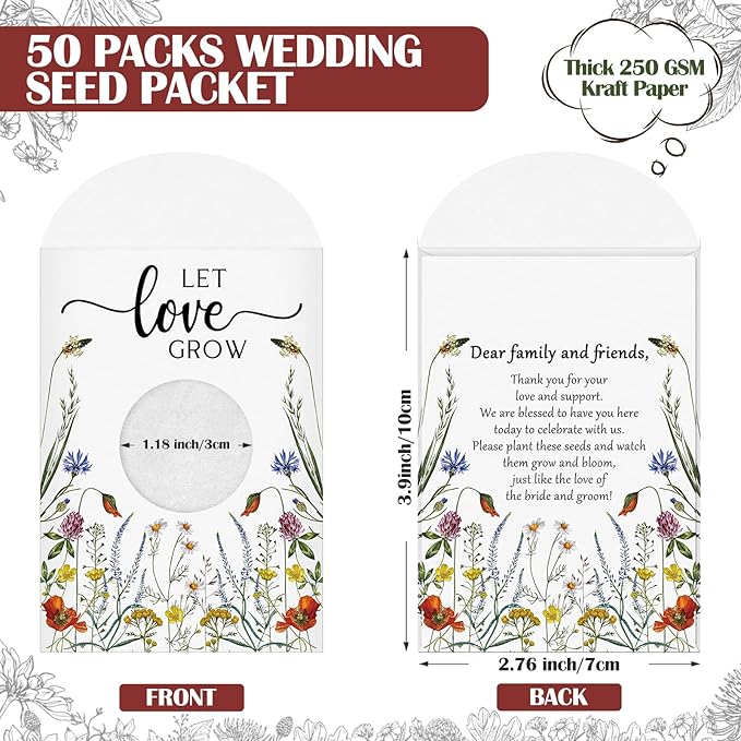 Fumete 50 Pcs Let Love Grow Seed Packets Wedding Favor for Guests Bulk Seed Envelope Kraft Bag with Window Flower Resealable Seed Storage Packets for Wedding Party Favors Bridal Shower No Seed