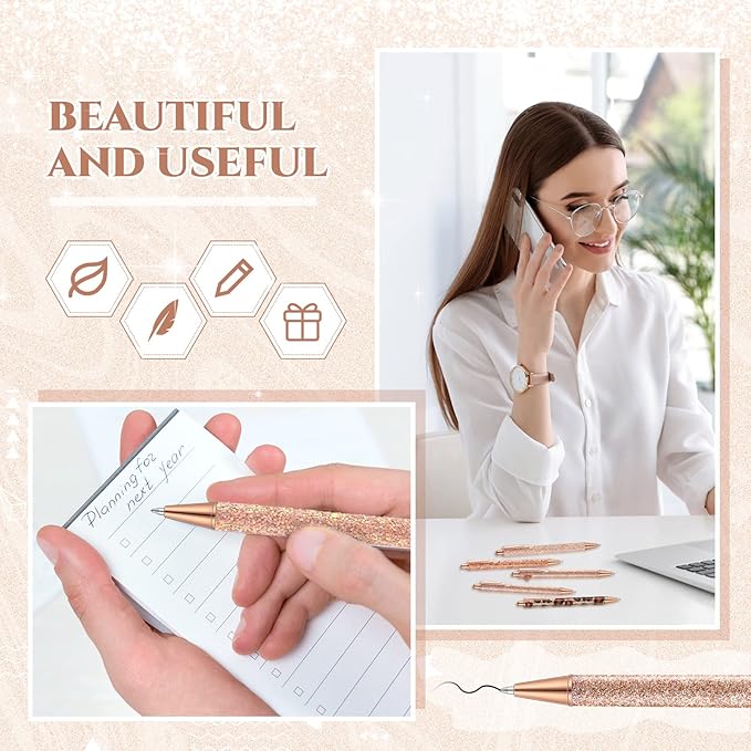 Sherr 7 Pcs Fancy Pens for Women Cute Sparkly Glitter Pens with 10 Pcs Black Ink Refills Pretty Gifts for Girls Office School Christmas Graduation(Rose Gold,Elegant)