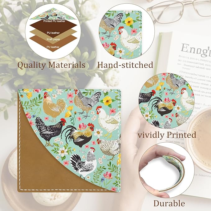 Farm Chicken Rooster Corner Bookmarks, Cute Leather Book Accessories for Book Lovers, 3 Pcs Reading Book Page Markers for Women Men Student Teacher Girls Boys Kids Retirement Birthday Gifts