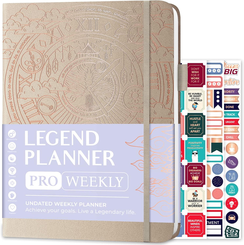 Legend Planner PRO – Deluxe Weekly & Monthly Life Planner to Increase Productivity and Hit Your Goals. Time Management Organizer Notebook – Undated – 7 x 10" Hardcover + Stickers – Seashell