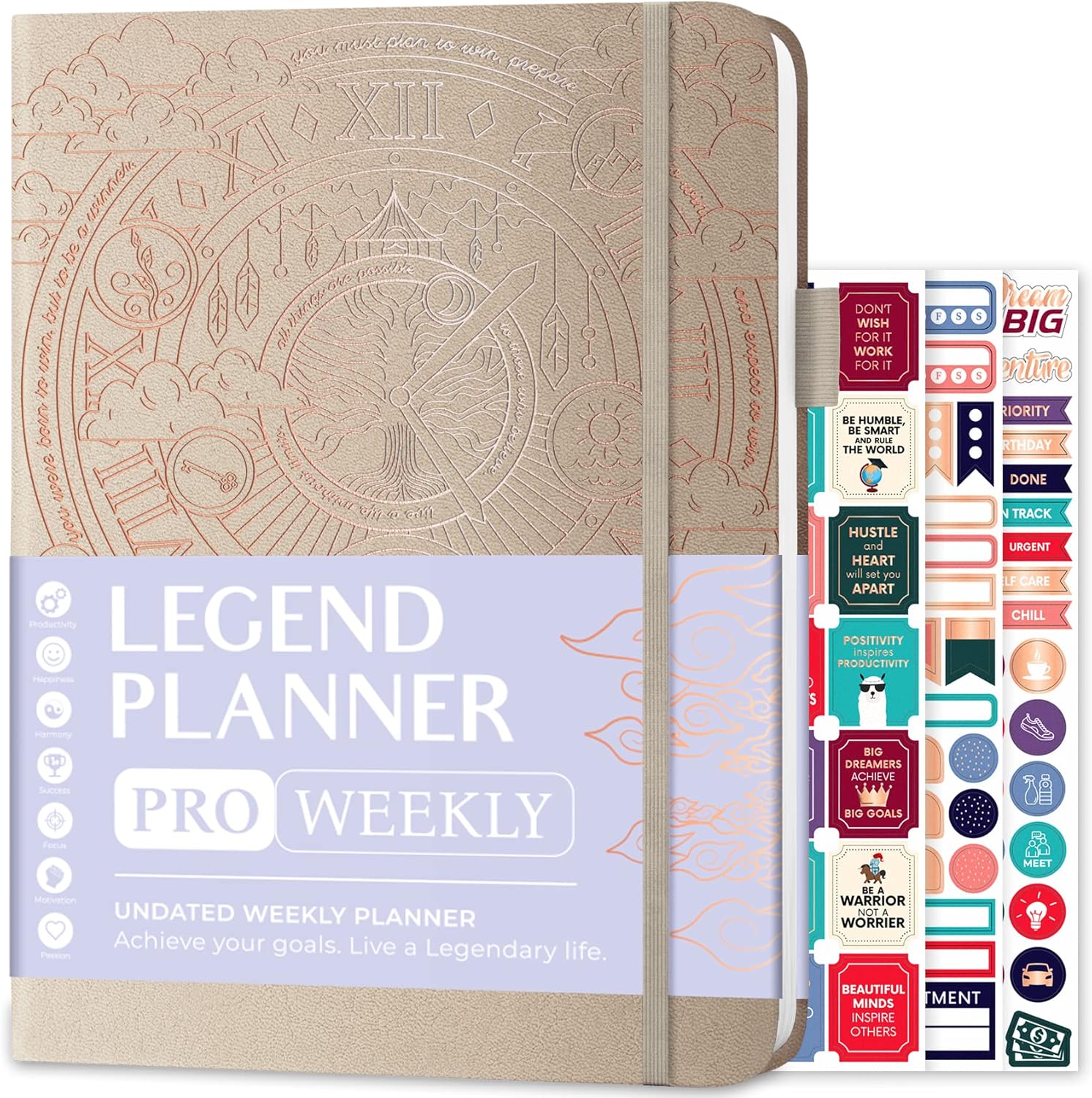 Legend Planner PRO – Deluxe Weekly & Monthly Life Planner to Increase Productivity and Hit Your Goals. Time Management Organizer Notebook – Undated – 7 x 10" Hardcover + Stickers – Seashell
