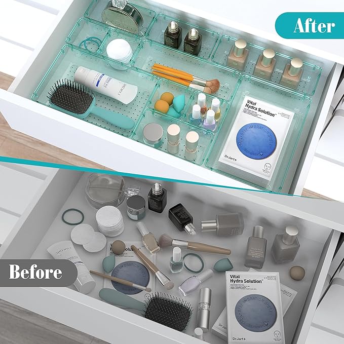 7 PCS Clear Plastic Drawer Organizers Set, 4 Size Desk Drawer Organizer Trays for Makeup, Jewelry, Kitchen Utensils, Gadgets and Office Accessories, Sea Blue