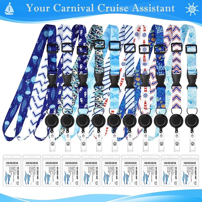 10 Sets Cruise Lanyards Retractable Carnival Cruise Lanyards with ID Holder Adjustable Lanyards with Detachable Badge Clip for Cruise Ship Cards.