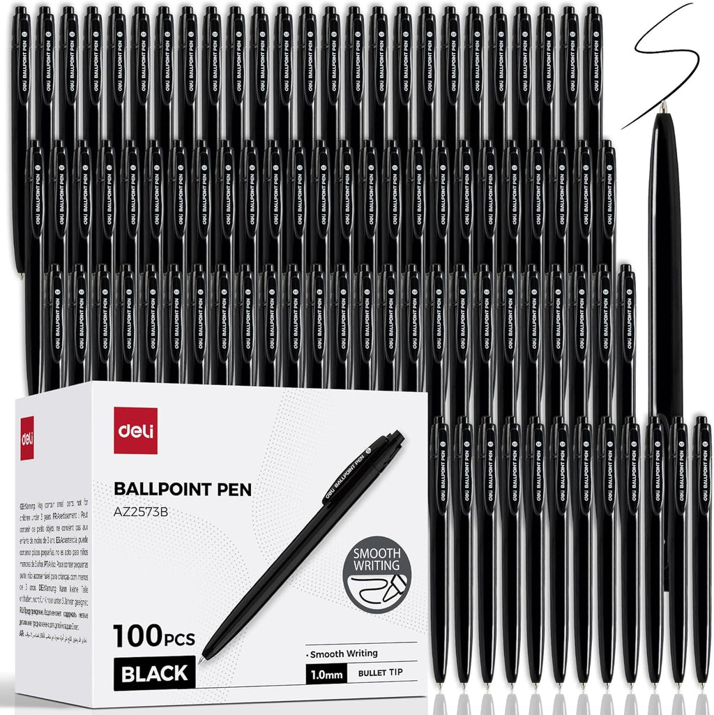deli Pens Bulk, 100 Pack Retractable Ballpoint Pens, 1.0MM Black Ink,Smooth Writing, No Bleed, Comfortable Grip for Home,Office & School Use
