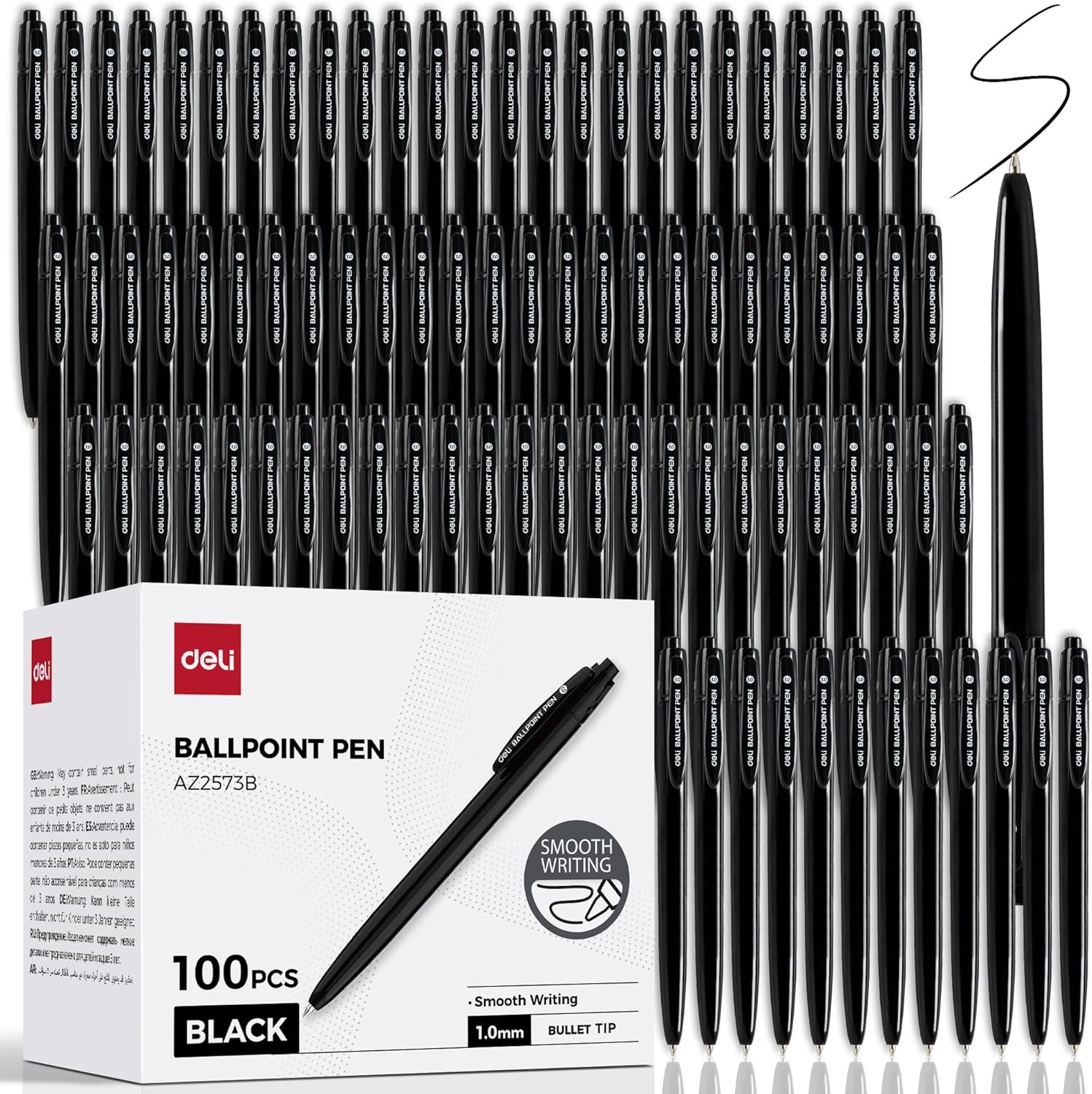 deli Pens Bulk, 100 Pack Retractable Ballpoint Pens, 1.0MM Black Ink,Smooth Writing, No Bleed, Comfortable Grip for Home,Office & School Use