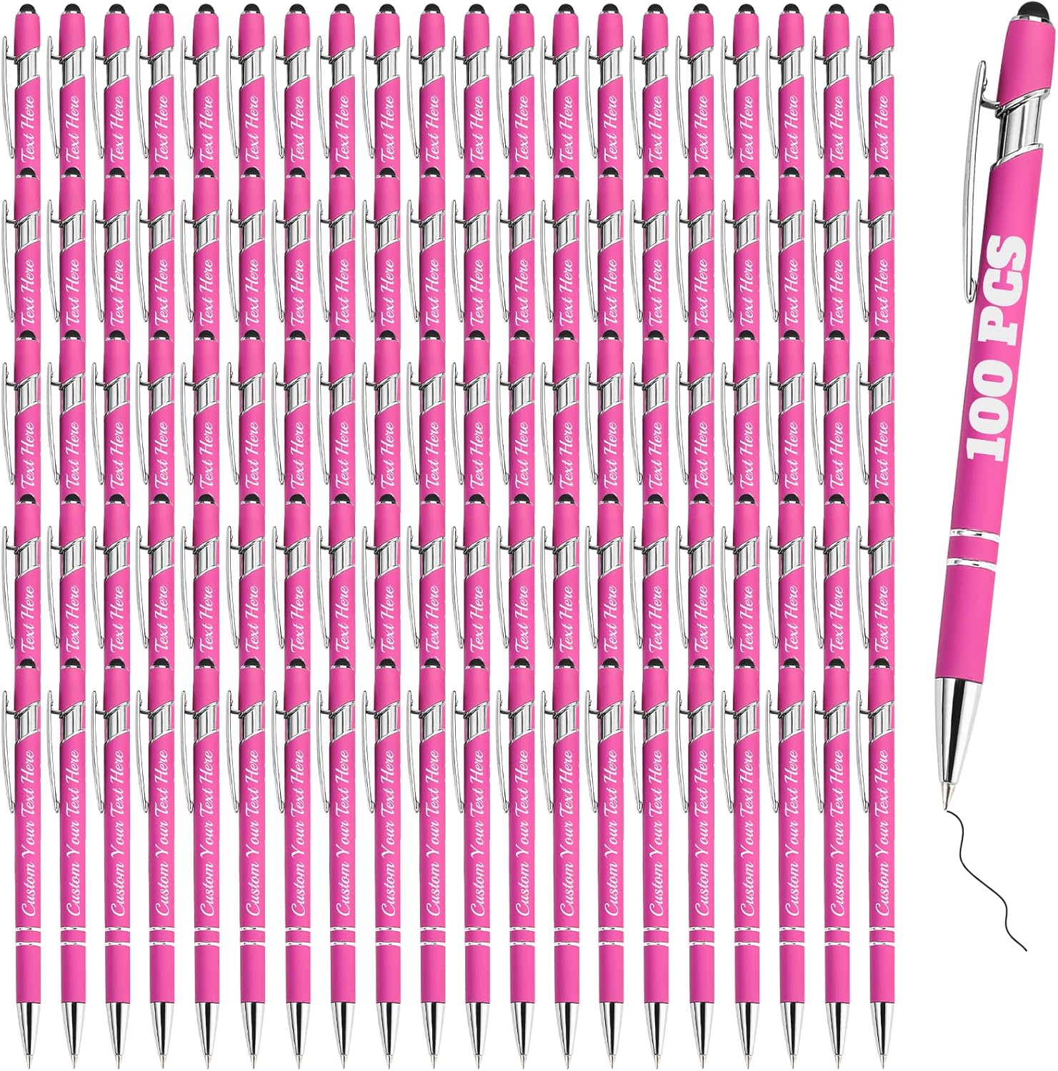 Personalized Pens Bulk 100 with Name Custom Engraving Ballpoint Pens with Stylus Tip Customized Smooth Writing Pens Personalized Gifts for Anniversary Birthday or Graduation(Pink,Black Ink)