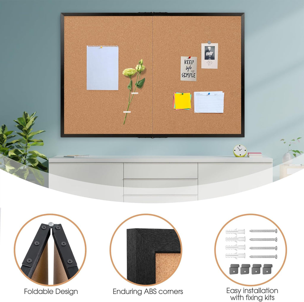 Board2by Extra Large Cork Bulletin Board 60" X 48", Foldable Notice Pin Board for Wall, Black Wood Framed 5'x4' Corkboard, Wall Mounted Noticeboard with 32 Push Pins for School, Home & Office