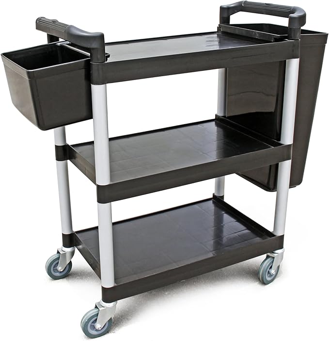 New Star Foodservice 54538 250-Pound Plastic 3-Tier Utility Bus Cart with Locking Casters, 32" x 16" x 38", Black
