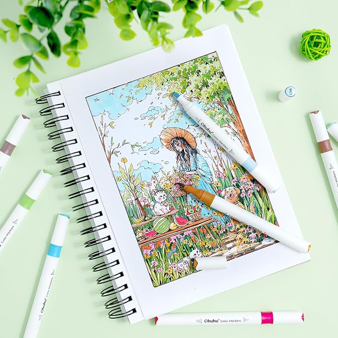 Ohuhu Markers for Adult Coloring Books No bleeding 140 Colors Water-based Coloring Markers Dual Tips Chisel & Brush Drawing Pens Art Markers for Kids Adults Beginners Lettering Journaling