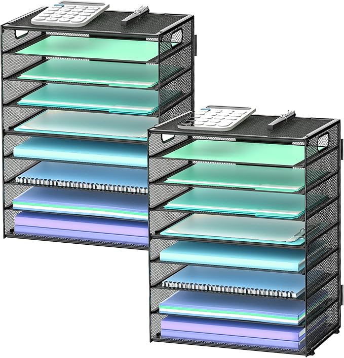 2 Pack 9-Tier Paper Organizer Letter Tray with Handle, Mesh File Organizer Paper Sorter Holder, Desk Organizer for Office Home School, Black