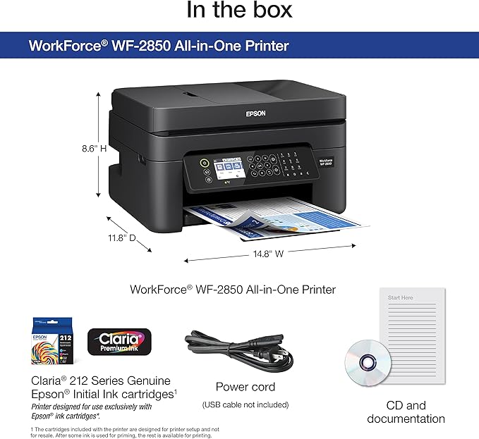Epson Workforce WF-2850 Wireless All-in-One Printer with Scan, Copy, Fax