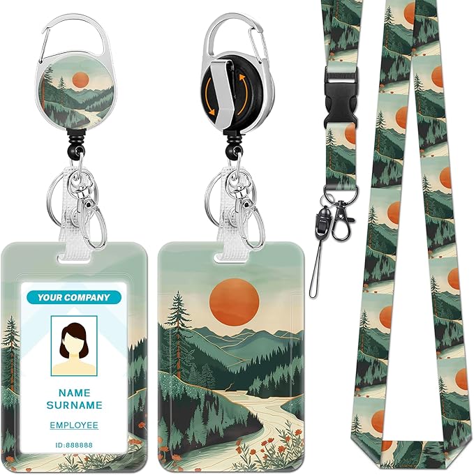 Lanyards for Id Badges, Badge Holder with Retractable Reel Clip, Sunrise Sunset Mountain Tree Work Name Tags Keychain Lanyard ID Card Protector Case for Women Teacher Nurse Doctor Office