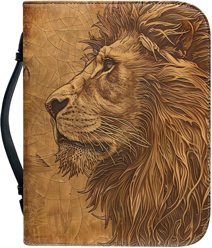 Lotusorchid Lion Print Bible Bag for Men, PU Leather Bible Cover Sturdy Bible Book Carrying Bags Christian Bible Study Accessories for Bible Study, Brown, L