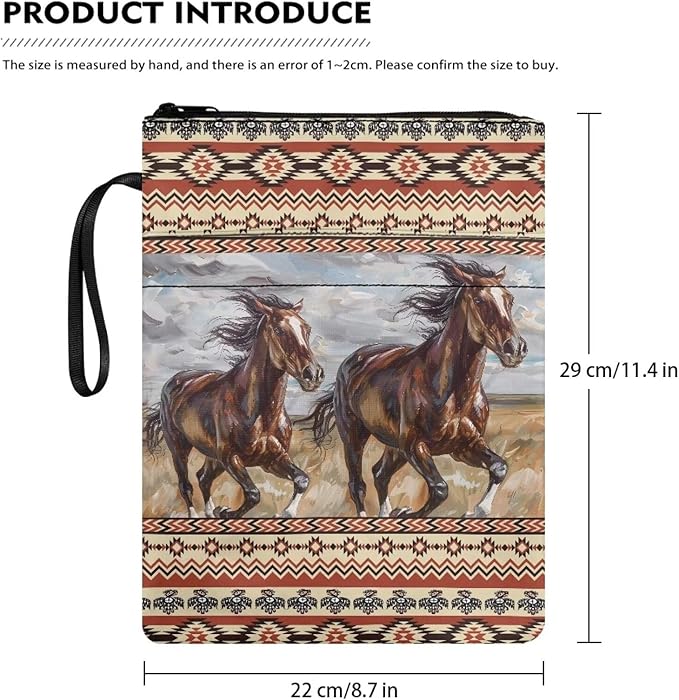 COEQINE Western Horse Book Cover Case Zipper With Pen Holder Pocket Portable Book Organizer Pouch With Pocket For Portable Read Book Dust Cover With Chain
