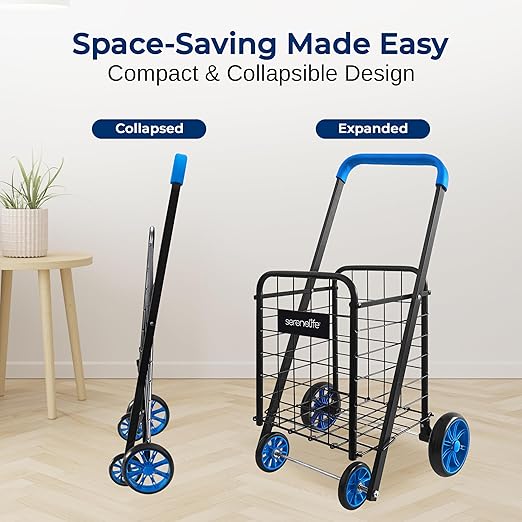 SereneLife Kids Utility/Shopping Cart with Rolling Swivel Front Wheels,66 lbs Capacity,Portable,Lightweight,Collapsible Compact Easy Folding Saves Space, Grocery,Laundry,Luggage with Your Child Blue
