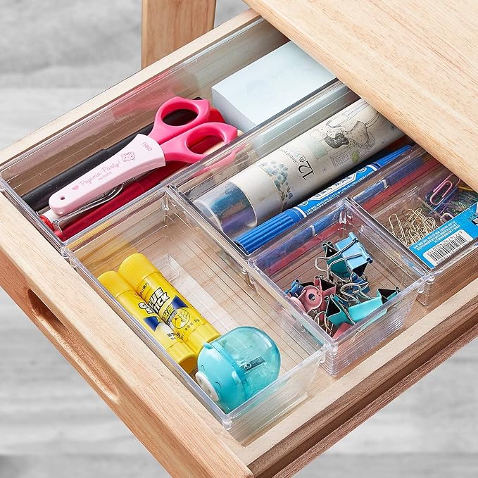 DCA 14 PCS Clear Plastic Drawer Organizer Tray, 4 Sizes Desk Drawer Divider Organizers and Storage Bins for Makeup, Kitchen Utensils, Jewelries and Gadgets