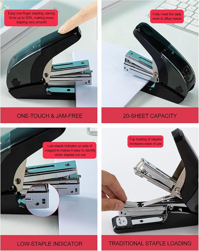PAPERPAL Effortless Standard Stapler Set, 20 Sheet Capacity, Half Strip, Built-in Staples Storage, Holds 1/4" Staples, Includes 1000 Staples and A Staple Remover, Office, School & Personal Use, Black
