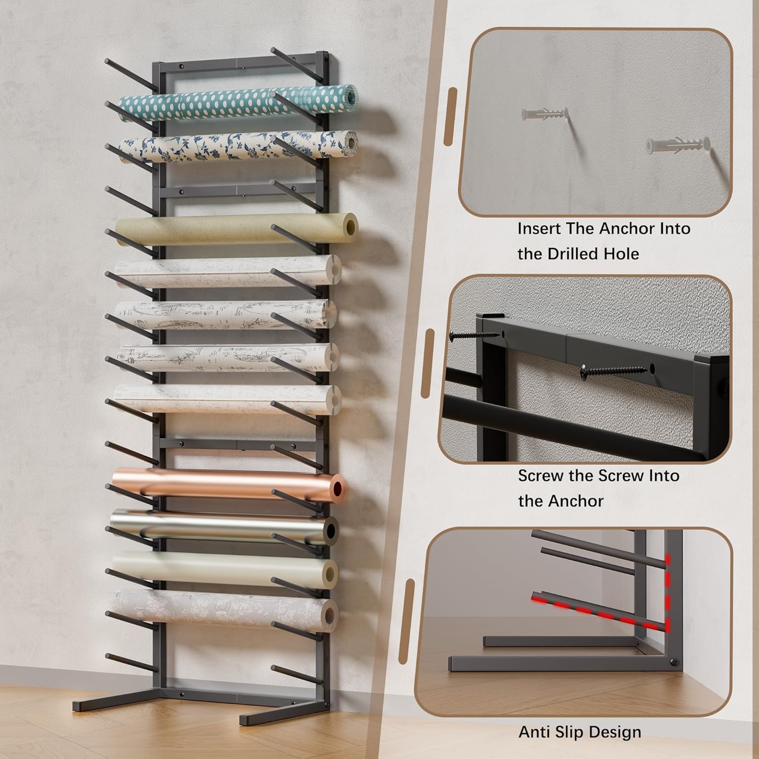 GIOTORENT Wall Mount Blueprint Storage Rack,15-Tier Heavy Duty Blueprint Holder for Construction Plan, Posters,Vinyl Rolls, Art Prints, Max 30lb/Arm, Easy Mount for Home, Office(Matte Black)