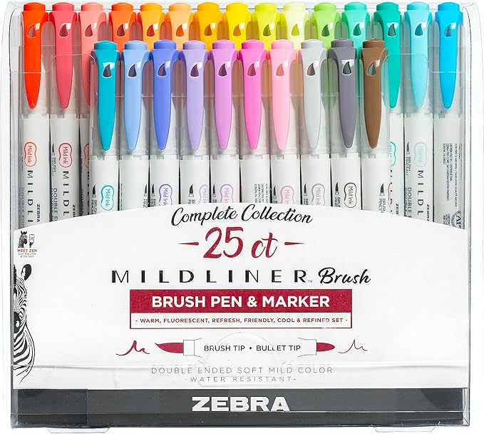 Zebra Pen Mildliner Double Ended Brush Pen, Brush and Point Tips, Assorted Ink Colors, 25-Pack, Multicolor (79125)