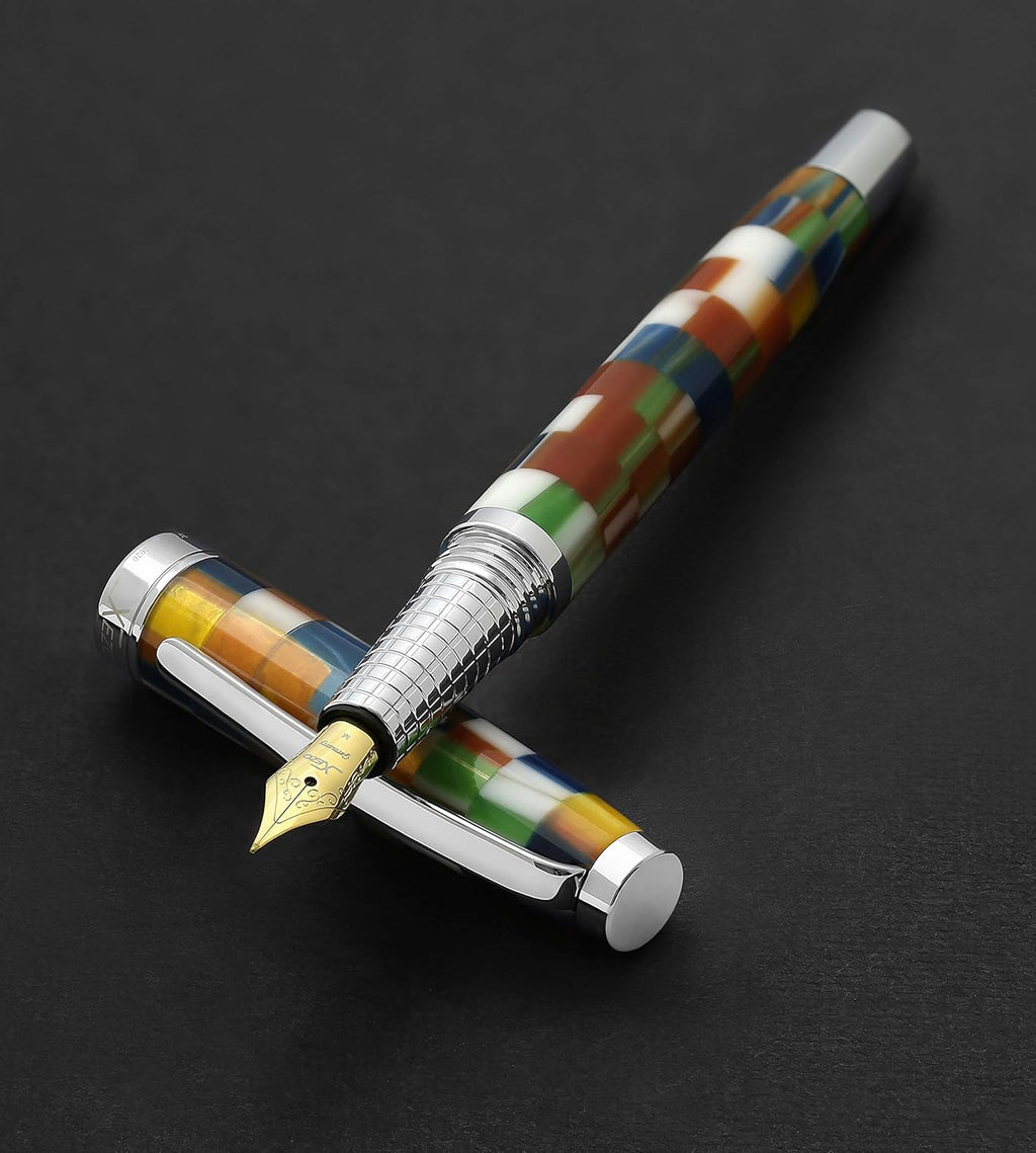 Xezo Urbanite II Fountain Pen, Medium Nib. Jazzy Multicolor Color with Chrome Plating. Handcrafted, Limited Edition, Serialized