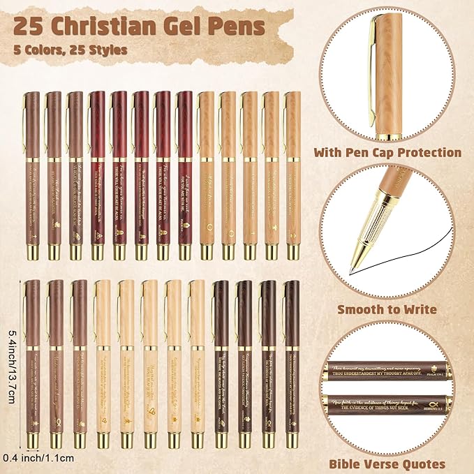 25 Sets Christmas Christian Church Gifts Bulk Bible Verse Plastic Gel Pen Religious Silicone Keychains Scripture Bookmark 2''x 6'' Emergency Numbers Bible Bookmarks Gift Pastor (Wood Color)