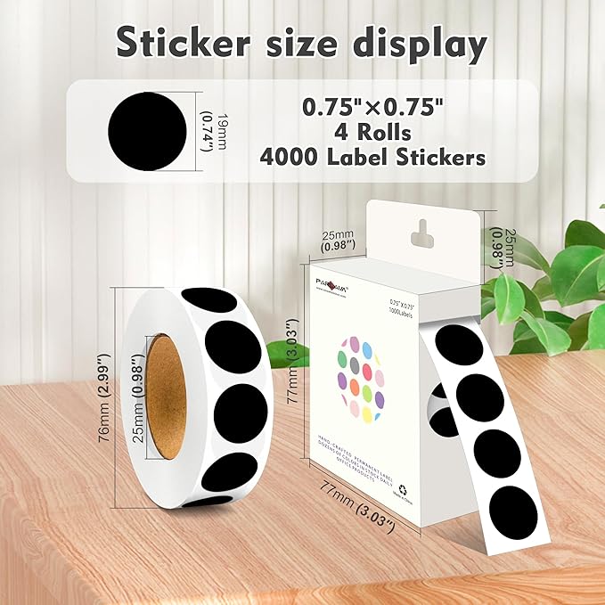 PARLAIM 3/4 Inch Roll Color Coding Labels,4000 per Rolls Round Permanent Adhesive Color Coding Circle Dot Stickers for Classroom Office HOM (Black)
