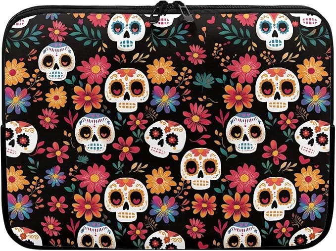 Skull Printed Computer Carrying Cover with Floral Print Laptop Case Bag Easy to Carry Computer Bag, 13 Inch Lightweight Laptop Briefcase Messenger Bag for Women