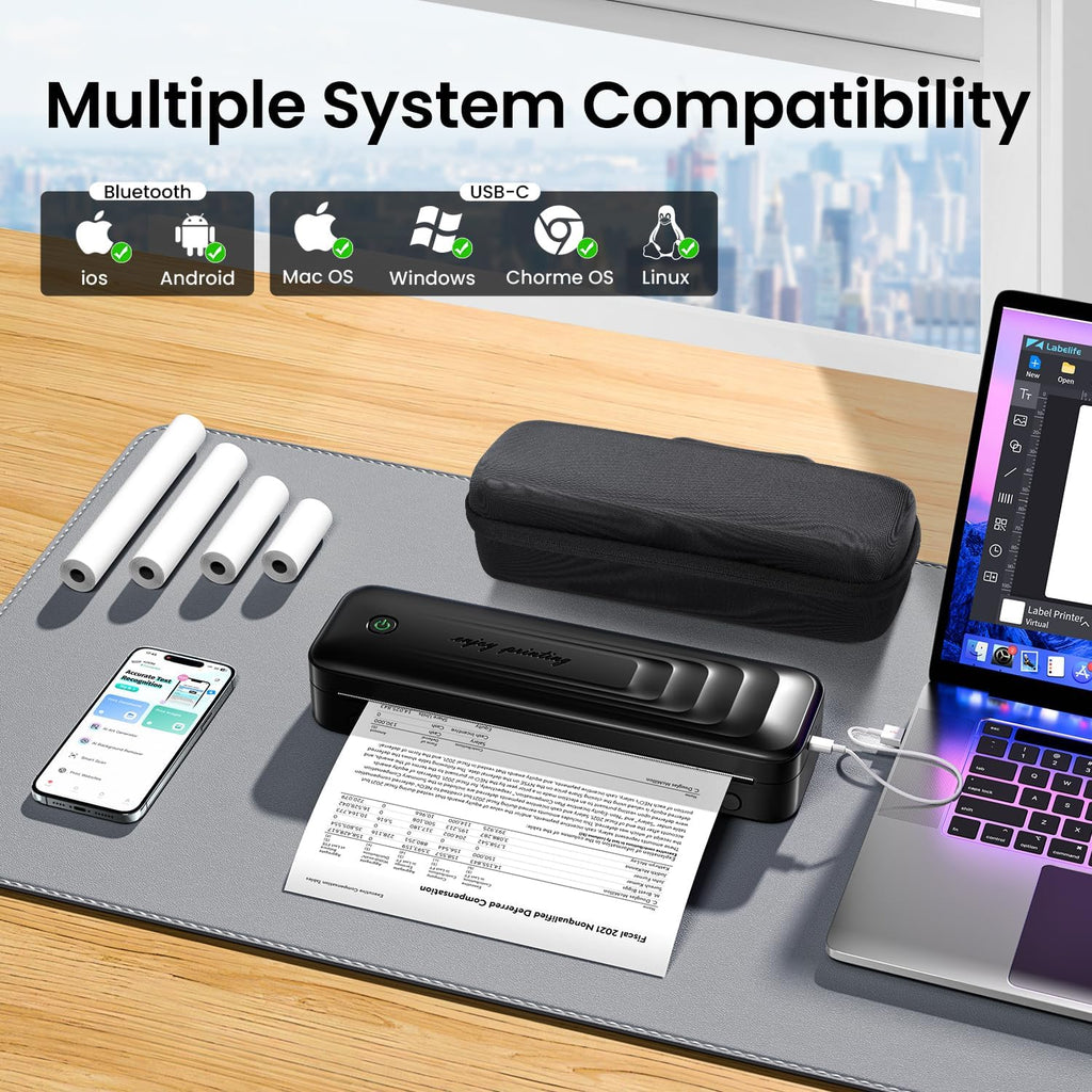 2025 Portable Printers Wireless for Travel, Inkless Thermal Printer Support 8.5" x 11"& A4, Mobile Printers with Carry Case, Bluetooth Portable Printer for Office,Travel,School,Car,Home,Black