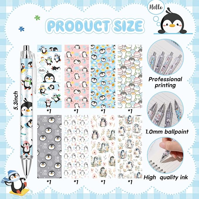 Ireer 8 Pcs Ballpoint Pens for Women 1.00 mm Cute Black Ink Fancy Pens Fine Point Smooth Writing for Journaling Aesthetic Office Supplies(Penguin)