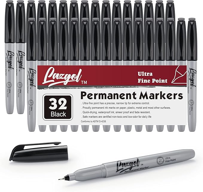 Ultra Fine Permanent Marker Bulk, 32 Pack Ultra Fine Point Black Permanent Marker set, Felt Tip Pens Works on Plastic, Wood, Stone, Metal and Glass for Doodling, Marking