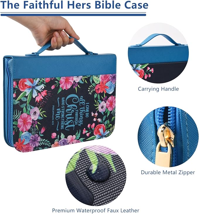 Bible Covers Case for Women Large Leather Bible Carrying Cases Holder Pink 10.8"x7.8"x2" Floral Bible Carrier Tote Bags with Bookmarks Handles Pockets Christian Bible Book Accessories Gifts