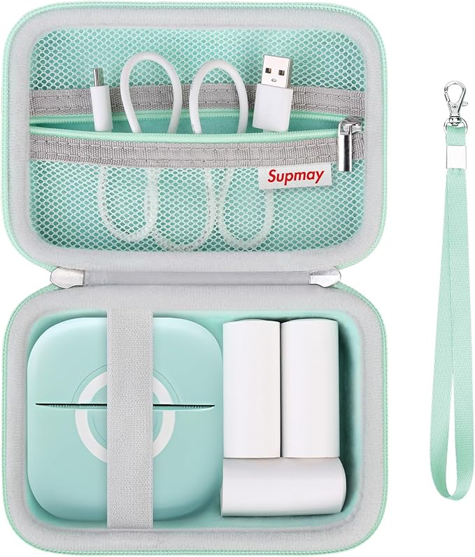 Hard Travel Case for Cabaro Mini Printer Sticker Thermal Printer, Bluetooth Portable Phone Printer Storage Holder Protection Case with Zipper Mesh Pocket fit Rolls Paper, Charging Cable, Green