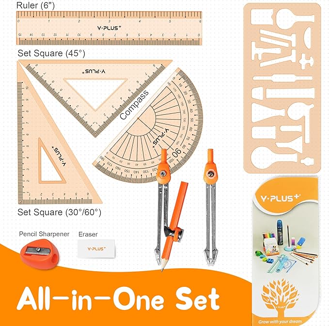 YPLUS Geometry Set for Students, Math Protractor Compass with Rulers, Box of Protactor Kit for Class Supplies and School, Christmas Stocking Stuffers for Kids Toddler 11 Pcs