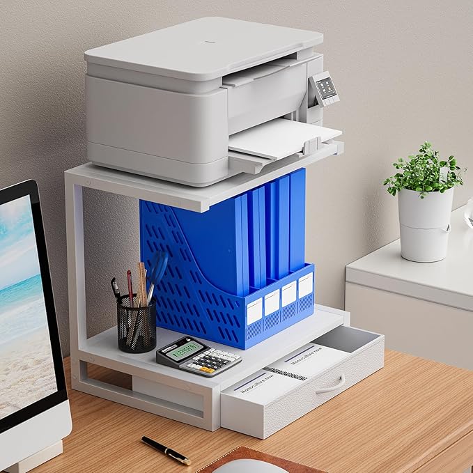 2-Tier Desktop Printer Stand with Fabric Drawer, Prtiner Table with Storage Shelf, Desk Organizer for Home Office,3D Printer,Fax Machine,Scanner, 17.3"x11.8" White